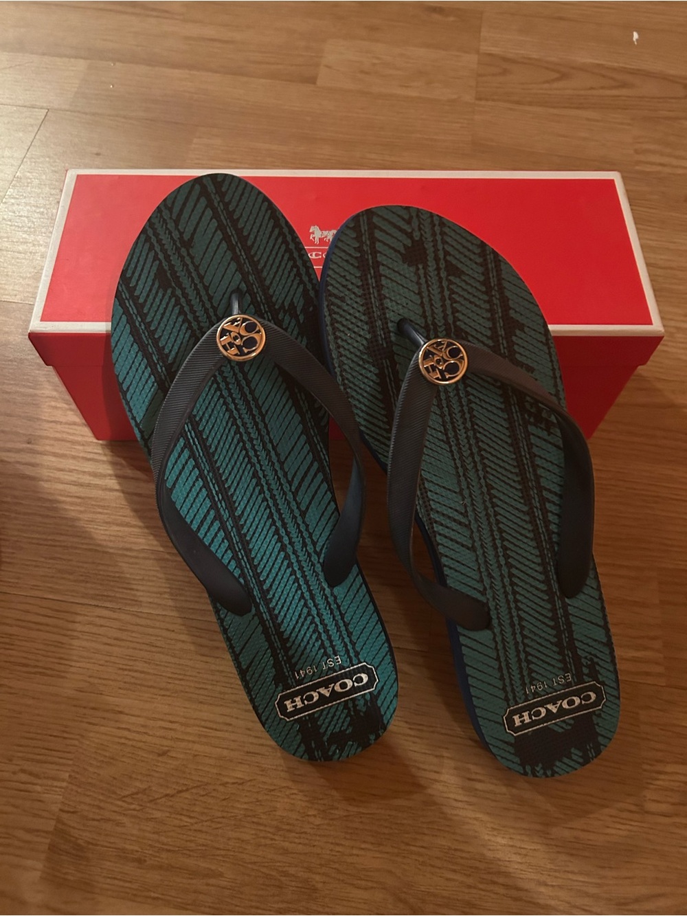 Coach Teal and Black Women's Flip Flops with Gold Logo Accent
